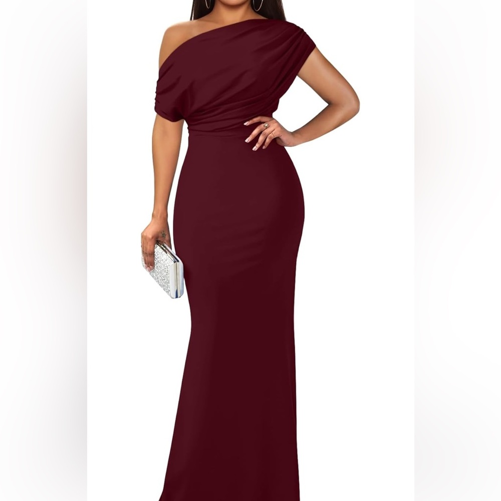 Wine Off Shoulder Formal Gown